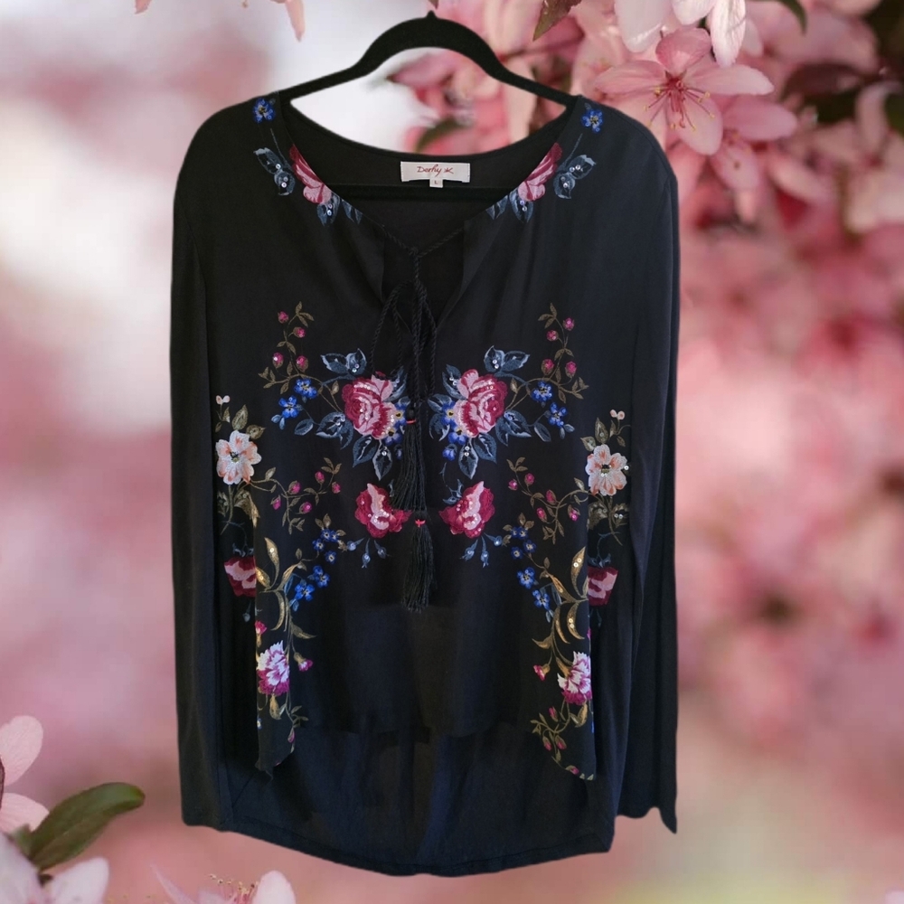 Elegant René Derhy Embellished Hi-Low Floral Evening Blouse Boho Chic - Picture 6 of 10